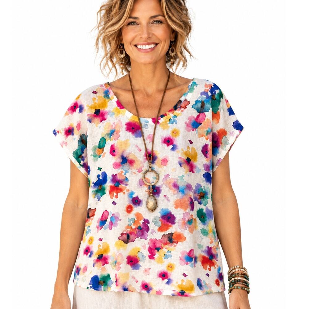 Et 'Lois Watercolor Floral Tee Womens Medium White Burnout Knit Lagnelook Top